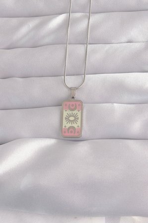 hediyelik 316L Çelik Gümüş Renk Pembe Mineli Ay Figür Tarot Kolye