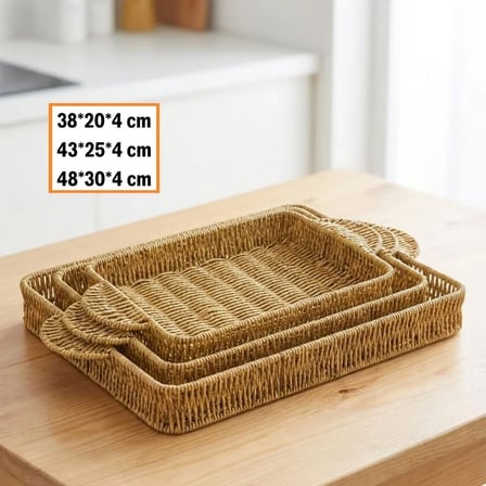 hediyelik İç İçe Geçebilen 3’lü Dikdörtgen Plastik Rattan Tepsi Seti–Hasır Görünümlü Çok Amaçlı Servis ve Sunum Tepsileri