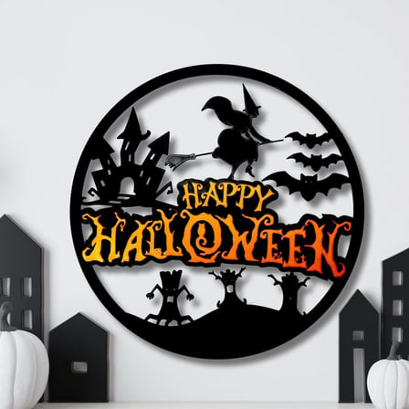 hediyelik 3D Baskı Happy Halloween Yuvarlak Duvar Panosu Cadı Şato Yarasa Silüetli Kapı Süsü Duvar Dekoru Siyah