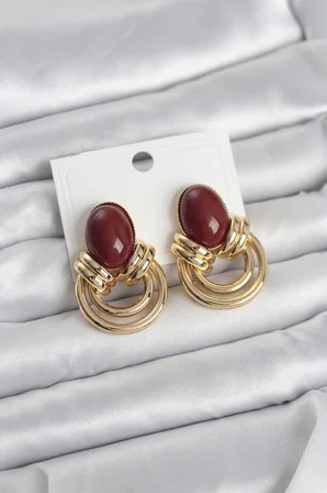 hediyelik Pirinç Gold Renk Bordo Taşlı Vintage Kadın Küpe