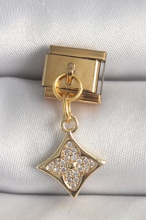 hediyelik 316L Çelik Gold Renk Sallantı Zirkon Taşlı Çiçek İşlemeli Nomination Charm