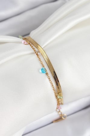 hediyelik 316L Çelik Gold Renk Karışık Renkli Kristal Taşlı 2'li Kadın Bileklik