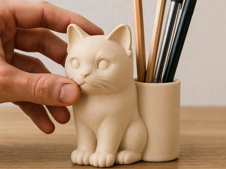 hediyelik 3D Baskı Kedi Figürlü Kalemlik - Masaüstü Organizer - Bej