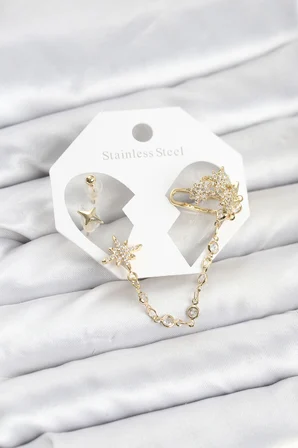 hediyelik Kutup Yıldızı Model Pirinç Gold Renk Zincir Bağlantılı Ear Cuff Küpe Seti