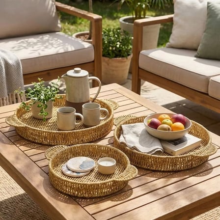 hediyelik İç İçe Geçebilen 3’lü Yuvarlak Plastik Rattan Tepsi Seti–Hasır Görünümlü Çok Amaçlı Servis ve Sunum Tepsileri