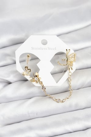 hediyelik Kelebekli Model Pirinç Gold Renk Zincir Bağlantılı Ear Cuff Küpe Seti