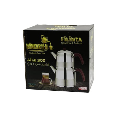 hediyelik Filinta Aile Boy Çelik Çaydanlık Seti Çift Kapaklı Renkli Bakalit Kulp Üst Demlik: 1.5LT - Alt Suluk: 3LT Kendinden Süzgeçli