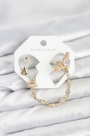 hediyelik Pirinç Gold Renk Yıldızlı Model Zincir Bağlantılı Ear Cuff Küpe Seti