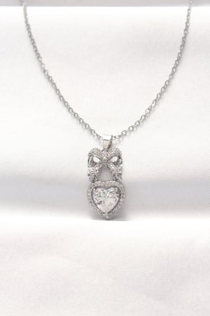 hediyelik 316L Çelik Silver Renk Zirkon Taşlı Kalpli Fiyonk Kolye