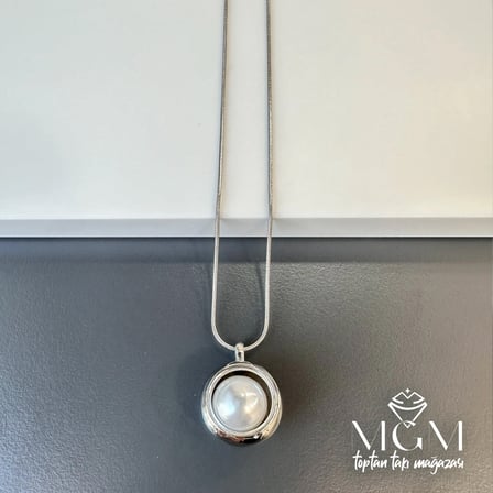 hediyelik Rodyum İnci Taşlı Zincir Çelik Uç Kısmı Pirinç Kolyeler 40 + 5 Cm Uzatma Payı - Kl0113