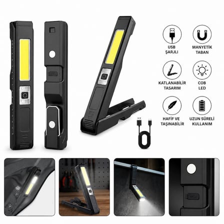 hediyelik GP-299 Mıknatıslı 180 Derece Dönebilen Şarjlı Katlanabilir LED Çalışma Tamirci Feneri