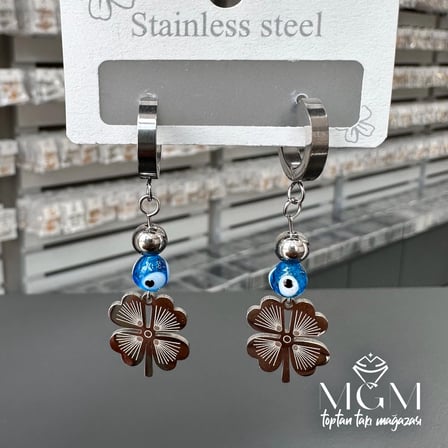 hediyelik Çelik Yonca Nazar Boncuklu Küpe - Kp00110