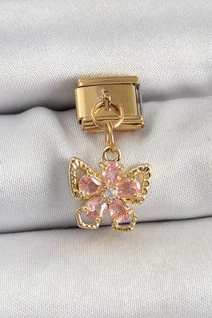 hediyelik 316L Çelik Sallantılı Zirkon Taşlı Çiçek Figürlü Kelebek Model Gold Renk Nomination Charm