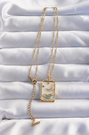 hediyelik 316L Çelik Zincir Gold Renk Ay Detay Mavi Zirkon Taşlı Tarot Kolye