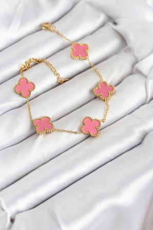 hediyelik 316L Çelik Gold Zincir Pembe Yonca Renk Bileklik