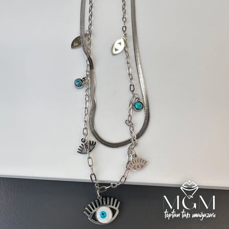 hediyelik Çelik Nazar Boncuklu İkili Göz Kolye - Kl0058