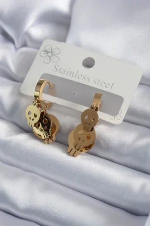 hediyelik 316L Çelik Gold Renk Sallantı Kuru Kafa Model Kadın Küpe