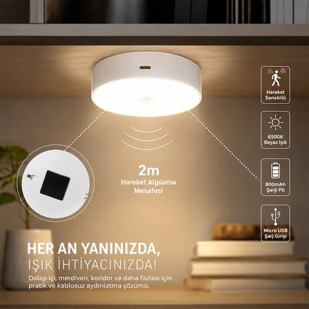 hediyelik MX-T06 Hareket Sensörlü Şarjlı 6500K Dolap İçi LED Aydınlatma Lambası Akıllı Gece Lambası