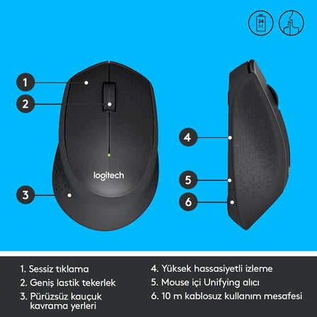 hediyelik M330 Sessiz Kablosuz Usb Optik Mouse Siyah 910-004909