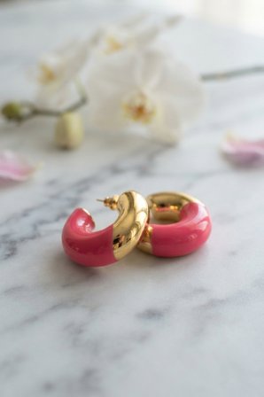 hediyelik 316L Çelik Gold Renk Fuşya Halka Model Kadın Küpe
