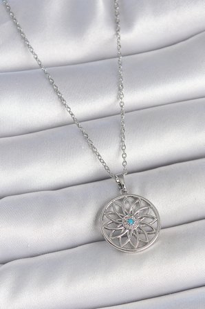 hediyelik 316L Çelik Gümüş Renk Zincir Mavi Taşlı Lotus Model Kadın Kolye