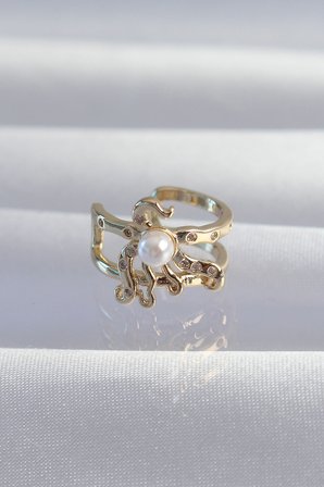 hediyelik Pirinç Gold Renk İncili Ahtapot Earcuff Küpe