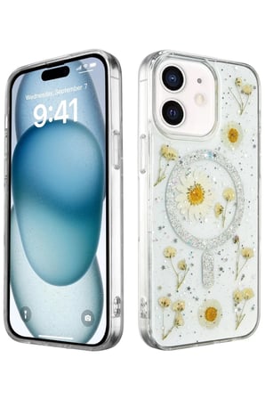hediyelik Apple iPhone 12 Kılıf Daisy Simli Magsafe Kapak - Gümüş
