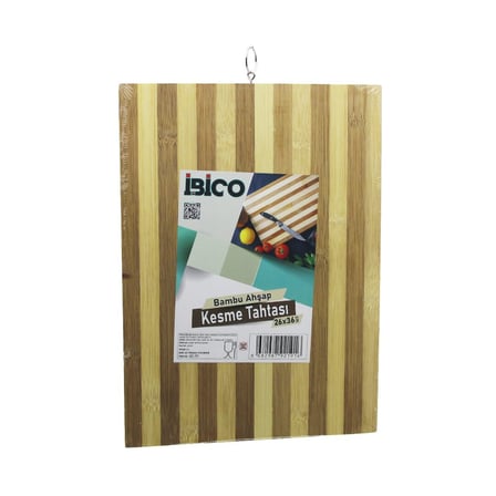 hediyelik Beyaz Çizgili Ahşap Bambu Kesim Panosu - Kesme Tahtası Metal Kulplu 26 X 36 X 1.4CM