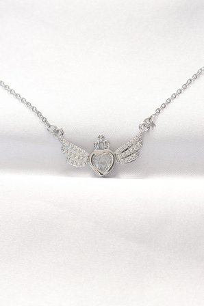 hediyelik 316L Çelik Silver Renk Zirkon Taşlı Kalpli Kanat Kolye