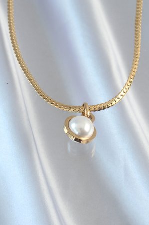 hediyelik 316L Çelik Gold Renk Yassı Zincir İnci Taşlı Kolye