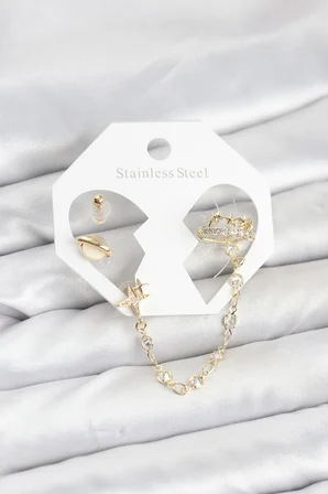 hediyelik Pirinç Gold Renk Uzay Model Zincir Bağlantılı Ear Cuff Küpe Seti