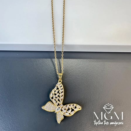 hediyelik Çelik Zirkon Taşlı Kelebek Kolye - Kl0126
