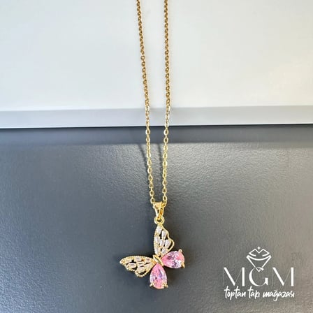 hediyelik Çelik Zirkon Taşlı Kelebek Kolye - Kl0141