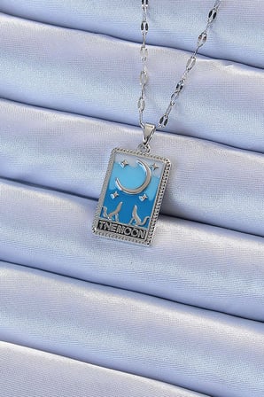 hediyelik 316L Çelik Zincir Gümüş Renk Mavi Mineli Ay Figür Tarot Kolye