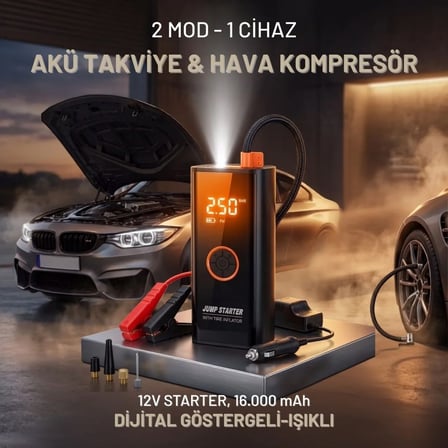 Akü Takviye Cihazı ve Lastik Şişirme Pompası – Powerbank Özellikli, Dijital Ekranlı SOS Fenerli Taşınabilir Kompresör