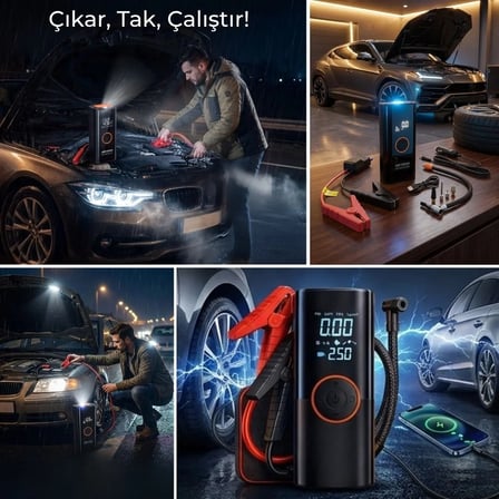 Akü Takviye Cihazı ve Lastik Şişirme Pompası – Powerbank Özellikli, Dijital Ekranlı SOS Fenerli Taşınabilir Kompresör