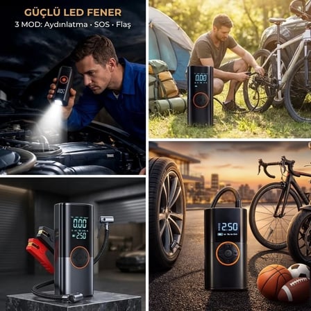 Akü Takviye Cihazı ve Lastik Şişirme Pompası – Powerbank Özellikli, Dijital Ekranlı SOS Fenerli Taşınabilir Kompresör