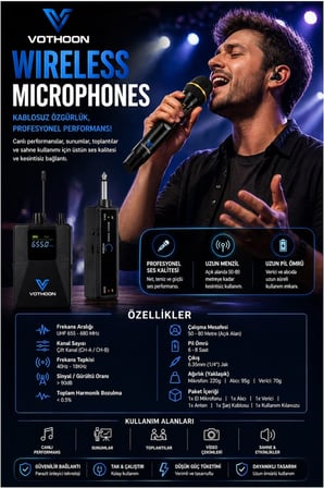 Mikrofon Seti Uhf Çift Kanal Profesyonel El Mikrofonu 50-80m Menzil