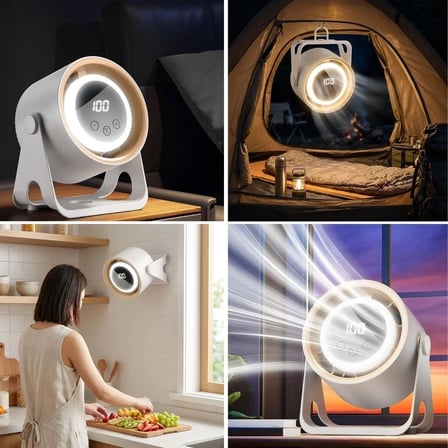 6 Kademeli Şarjlı Masaüstü Fan – Dijital LED Ekranlı, Oynar Başlıklı, LED Işıklı, Askılı ve Duvara Monte Edilebilir Fan K6