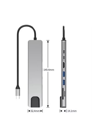 Type-C Çoklu Dönüştürücü – 87W PD, HDMI, 2x USB 3.0, RJ45, SD/TF Kart Girişli Hub