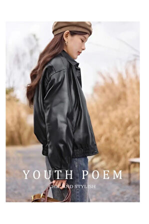 Yeni Sezon Kadın Baharlık Bomber Balon Kol Oversize Deri Ceket