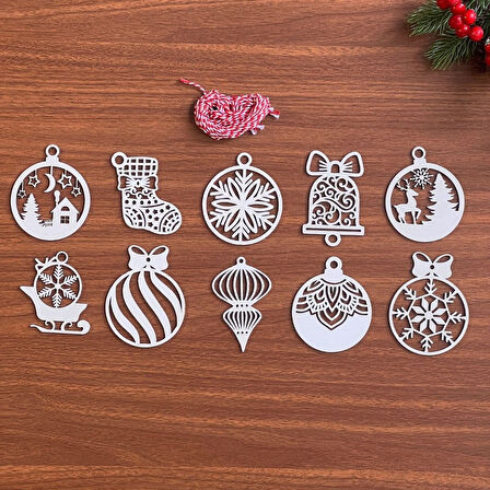 Buffer® 10 Parça Kırmızı Beyaz İpli Karışık Model Ahşap Yılbaşı Ağaç Süsü