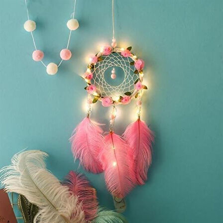 Buffer® El Yapımı Kuş Tüyü Ve Led Işıklı Dekoratif Asma Düş Rüya Kapanı