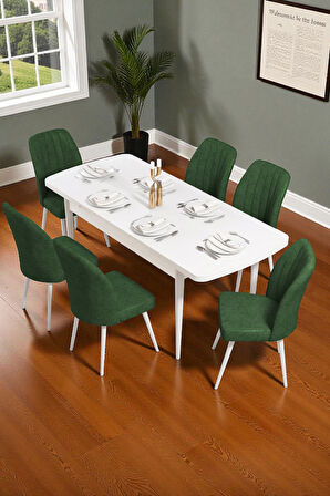 Bara Beyaz 80X132 Açılabilir Sunta Masa Yemek Odası Takımı, Mutfak Takımı 6 Adet Sandalye