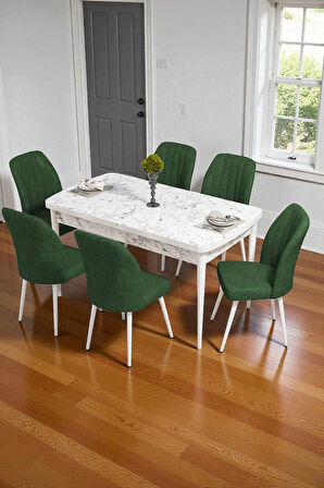 Bara Beyaz Mermer 80X132 Açılabilir Sunta Masa Yemek Odası Takımı, Mutfak Takımı 6 Adet Sandalye