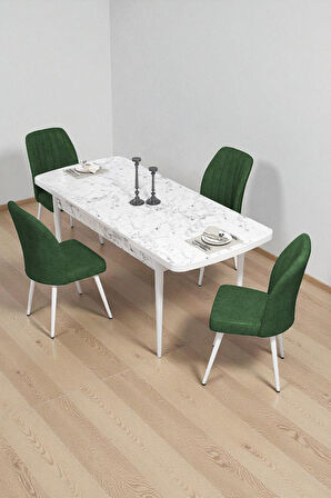 Bara Beyaz Mermer 80X132 Açılabilir Sunta Masa Yemek Odası Takımı, Mutfak Takımı 4 Adet Sandalye
