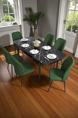 Bara Siyah Mermer 80X132 Açılabilir Sunta Masa Yemek Odası Takımı, Mutfak Takımı 6 Adet Sandalye