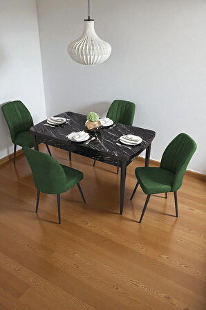 Bara Siyah Mermer 80X132 Açılabilir Sunta Masa Yemek Odası Takımı, Mutfak Takımı 4 Adet Sandalye