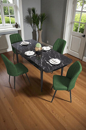 Bara Siyah Mermer 80X132 Açılabilir Sunta Masa Yemek Odası Takımı, Mutfak Takımı 4 Adet Sandalye
