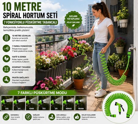 10 Metre Spiral Bahçe Hortumu Seti 7 Fonksiyonlu Püskürtme Tabancalı Sulama ve Temizlik Seti Yeşil